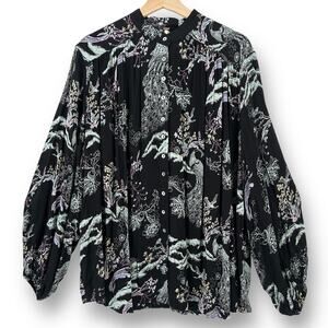 Free People Metallic Blooms Floral Peacock Bird Print Shirt Womens Size XS Black